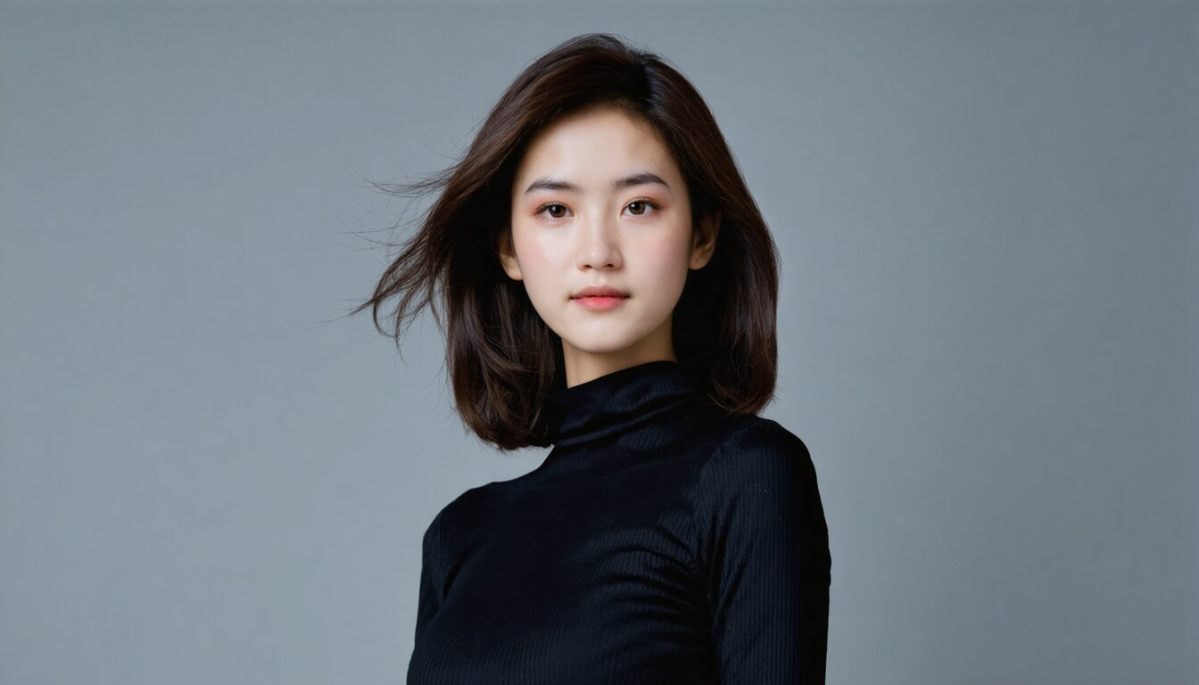 The original photo of a woman with shoulder-length dark hair blowing across a plain grey background