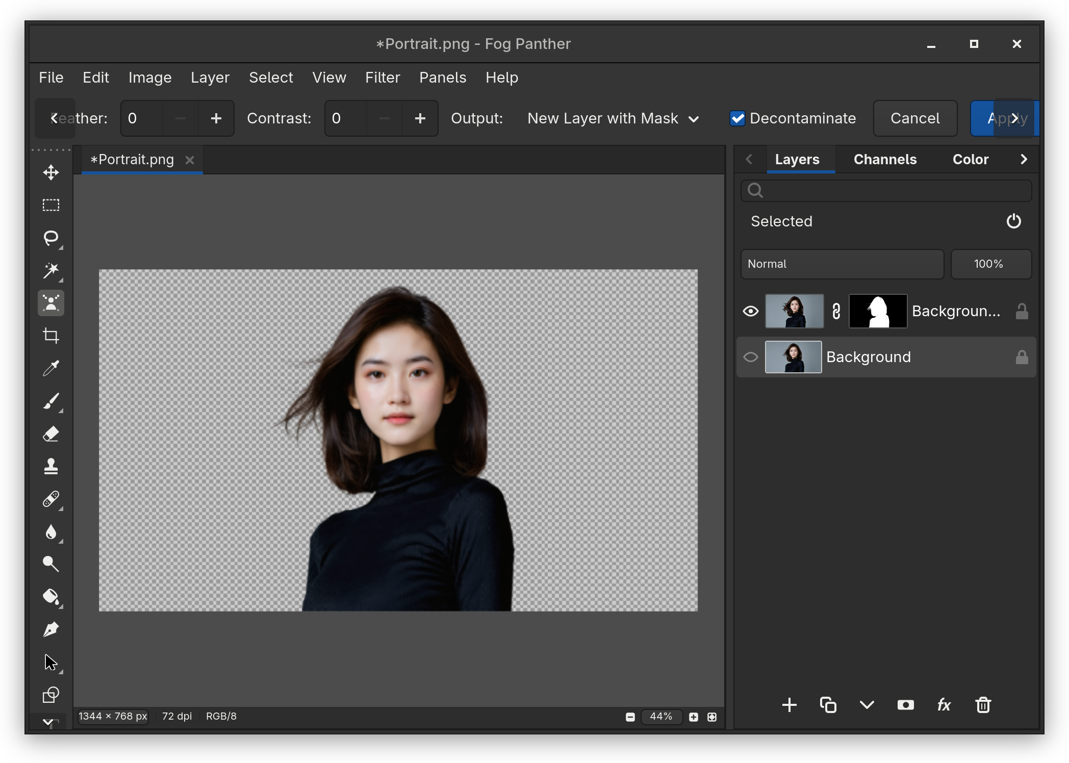 Fog Panther's Background Remove tool cutting a portrait out of its background, with fine hair kept against a transparent checkerboard