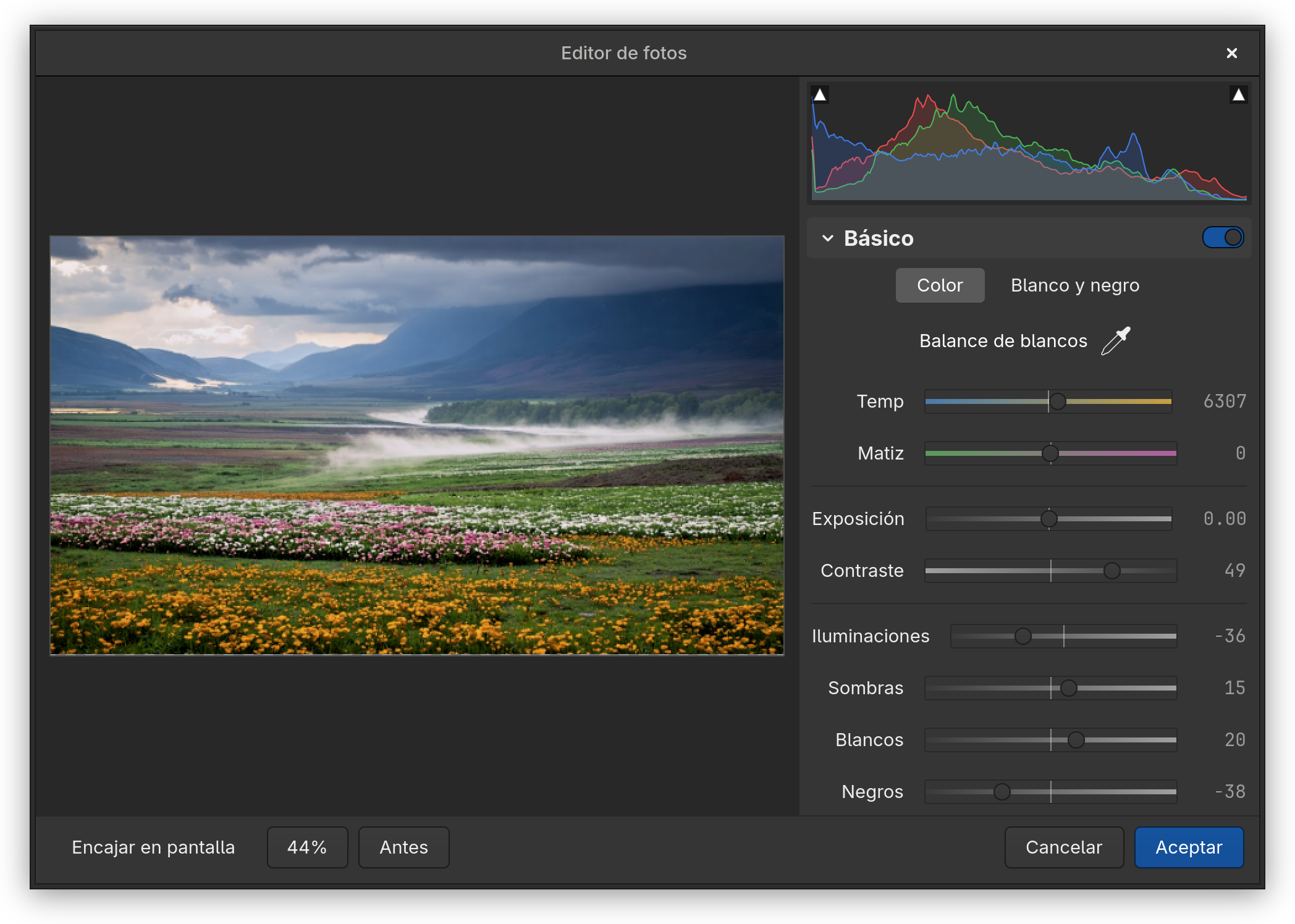 El Editor de fotos de Fog Panther realzando el color y el contraste de una pradera de flores bajo montañas brumosas con balance de blancos, contraste, iluminaciones, sombras, blancos y negros junto a un histograma en directo