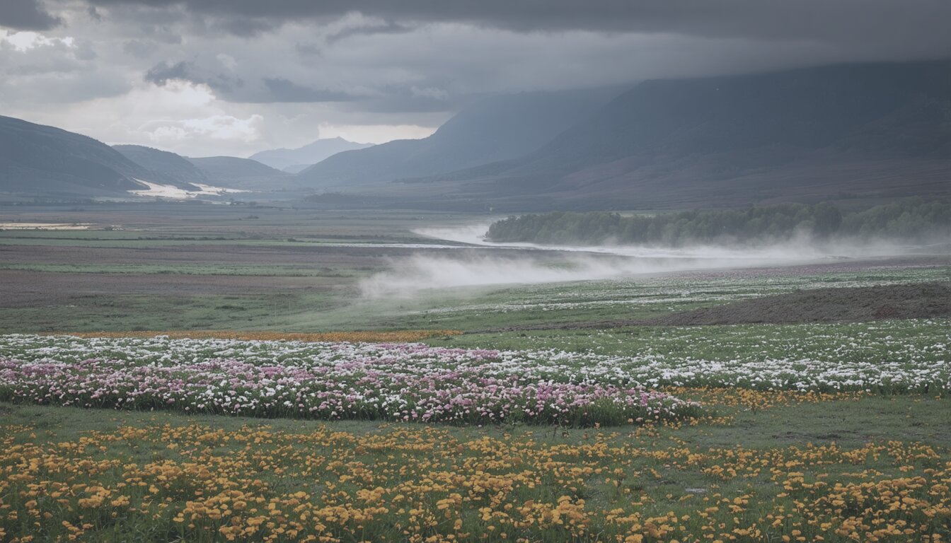 The original phone photo: a flat, washed-out meadow of flowers below misty mountains